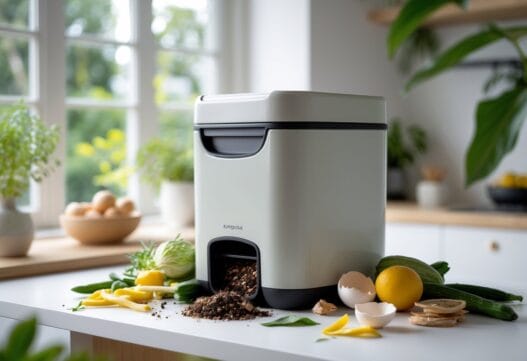 Professionelt billede af en kompostspand i et naturligt miljø, der fremhæver bæredygtighed.